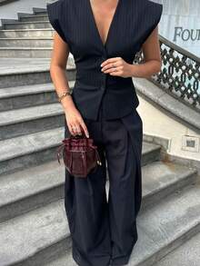 Siren Gaze 女士优雅条纹上衣和宽松长裤两件套 - 藏蓝色 - 查看 1