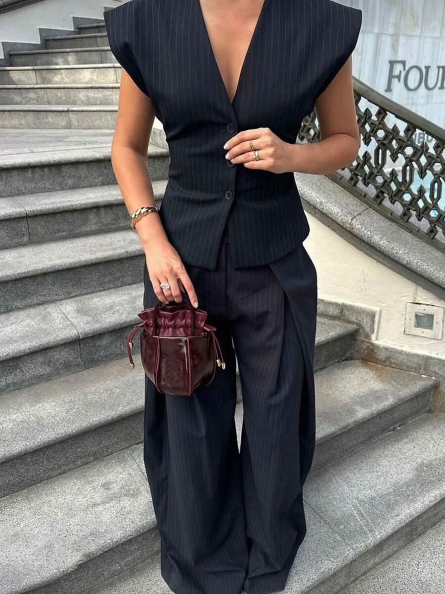 Siren Gaze 女士优雅条纹上衣和宽松长裤两件套 - 藏蓝色 - 查看 1