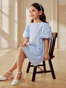 SHEIN 女童泡泡袖隐形拉链装饰休闲时尚圆领A字连衣裙 - 藍色 - 查看 6