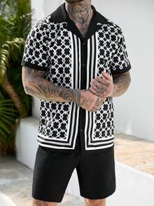 Manfinity CasualCool Bộ đồ nam thường ngày gồm áo sơ mi ngắn tay kẻ sọc hình học và quần short. - Nhiều màu - Xem 5
