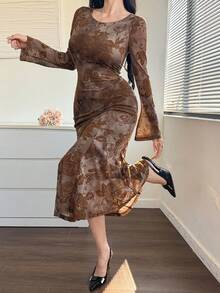 DAZY 植绒烧花提花连衣裙，优雅圆领长袖修身连衣裙，女士长款连衣裙/吊带裙 - 棕色 - 查看 4