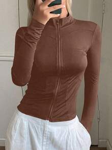 DAZY Cardigan Olahraga Kasual Lengan Panjang Slim Fit Wanita, Jaket Ringan Gaya Jalanan untuk Musim Panas - Coklat - View 1
