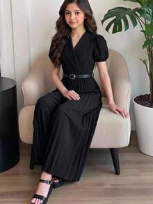 SHEIN Tween Girl French Elegant Lapel Bubble Sleeve Pleated Jumpsuit, Solid Color Woven Jumpsuit With PU Belt, Casual & Commute, Spring/Summer - Black - View 2