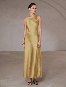 Aveloria Modichic 简约优雅不对称斜裁双面缎面醋酸纤维面料A字无袖连衣裙（女款） - 金色 - 查看 3