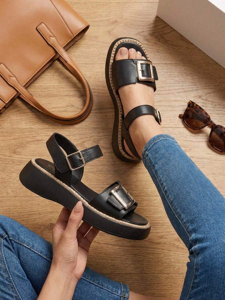 Huarache con plataforma y hebillas - Negro - Ver 1