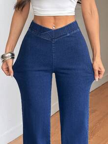 SHEIN Tall 春夏女士休闲日常时尚超弹力针织牛仔面料，交叉腰带设计，适合运动健身，V腰直筒牛仔裤 - 深色水洗藍 - 查看 6