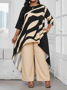 SHEIN Lady 2025新款女装两件套加大码商务通勤撞色印花不对称下摆上衣和裤子套装优雅夏季度假女装加大码两件套女装秋季女装 - 彩色 - 查看 3