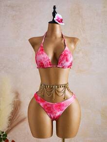 Bellisia Bộ đồ bơi 3 món dành cho nữ, họa tiết hoa màu cam và hồng, kiểu váy xòe. - Màu Hồng baby - Xem 4