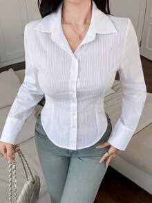 DAZY Camisa casual de oficina de manga larga y ajustada de un solo pecho para mujer - Blanco - Ver 6