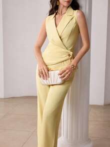 Mulvari 女士优雅束腰翻领褶裥背心和阔腿裤套装 - 黃色 - 查看 3