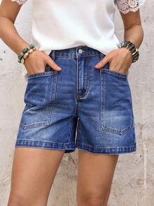 EMERY ROSE Pantalones cortos vaqueros de pierna recta con bolsillos parche lavados para mujer, de verano - Azul - Ver 4