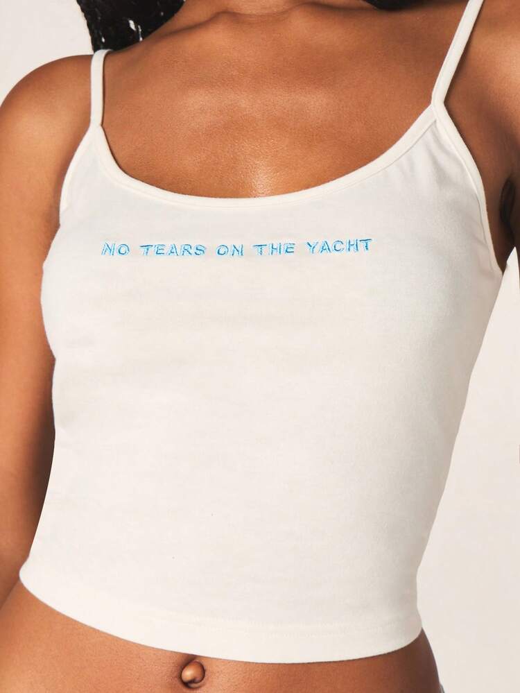MISSGUIDED Women Slogan Tank Top With Scoop Neck Yacht Quote Print Summer Beach Casual Sleeveless Camisole Basic Fitted Cropped Style