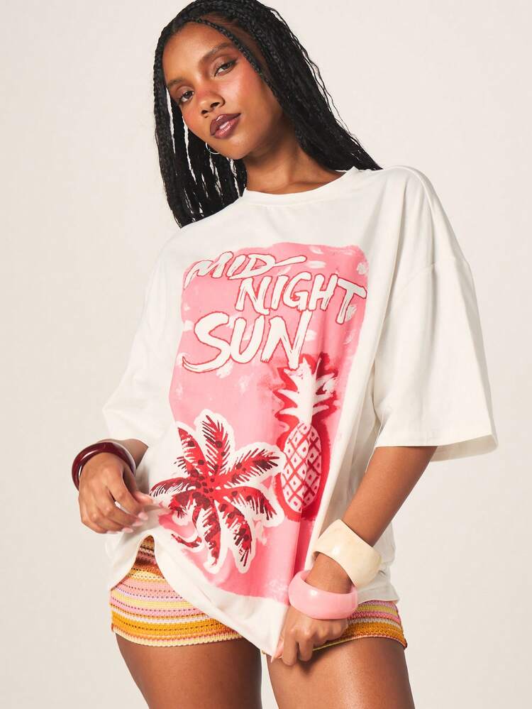 MISSGUIDED Camiseta oversize de mujer con estampado de palmera y piña, Paraíso tropical de sol de medianoche, Camiseta de playa de vacaciones de verano