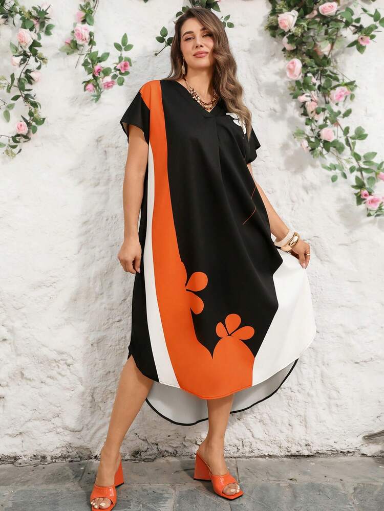 Plus Size Women Contrast Color V-Neck Short Sleeve Loose Casual Dress Plus Size Dress Caftan Dress Women Summer Dress Vacation Dress Asymmetrical Dress Plus Size Women Vacation Dress Summer Plus Size Dress