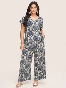 Comfylo 2pcs/Set Plus Size Short Sleeve V-Neck T-Shirt And Pants, Minimalist And Fashionable For Summer Women Boho/Bohemian Summer Outfits For Women Vacation Outfits Woman Two Pieces Set Women Summer Outfits For Women Two Pieces Set Women Summer New Design - Multicolor - View 7