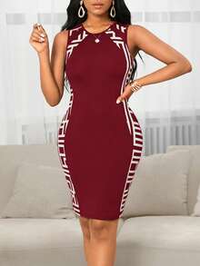 SHEIN Lady Đầm công sở thanh lịch và thời trang, tay áo hình lá sen, dáng ôm vừa vặn, dài đến đầu gối, dành cho nữ. - Màu Đỏ Sâu - Xem 5