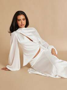 Silquee 女士优雅派对纯色镂空不对称下摆上衣和超长裙两件套 - 白色 - 查看 7