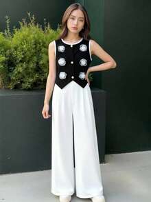 2pcs/Set Tween Girls Organza Floral Decor Black Tank Top And Contrast Button Accent White Wide Leg Pants,Black And White Summer Tea Party Jumpsuit - Black and White - View 1