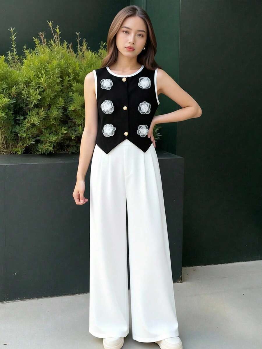 2pcs/Set Tween Girls Organza Floral Decor Black Tank Top And Contrast Button Accent White Wide Leg Pants,Black And White Summer Tea Party Jumpsuit - Black and White - View 1