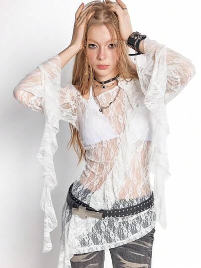 Bloopia Cubrecuerpo blanco de diseño con flecos, de manga larga, asimétrico en el hombro, de encaje, sexy y versátil, de punto para mujer