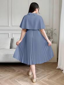 SHEIN Teen Girls Vintage Elegant Classic 2 Pieces Set Spring Summer Cape Shawl And Pleated Dress In Blue Vacation For Birthday - Blue - View 9