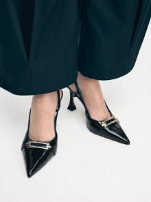 Mnmlis Women's Black Patent Leather Pointed Toe High Heels With Metal Chain Strap, Sexy Fashion For Spring/Summer - Black - View 9