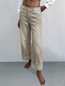 Maija Quần jeans nữ kiểu retro màu xám xanh, ống đứng, dài đến mắt cá chân, gấu quần gập xuống, phong cách thường ngày và đa năng. - Màu Khaki - Xem 4