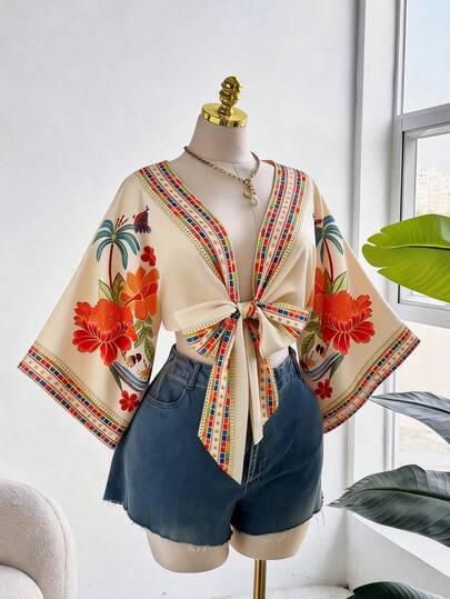 Franclia 大码女式度假印花露背系带蝴蝶结沙滩休闲短款衬衫