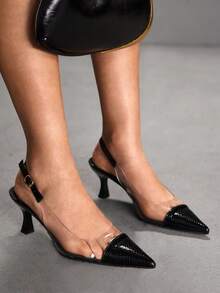 CUCCOO SZL Tacones de aguja con puntera transparente de TPU, tacón de stiletto elegante para ir al trabajo/fiesta/paseo, color albaricoque. Zapatos de tacón alto tipo slingback para damas para Navidad - Negro - Ver 5