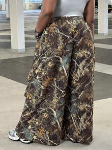 SHEIN CURVE+ 大码女式春夏基本款条纹树枝图案阔腿运动裤 - 彩色 - 查看 3