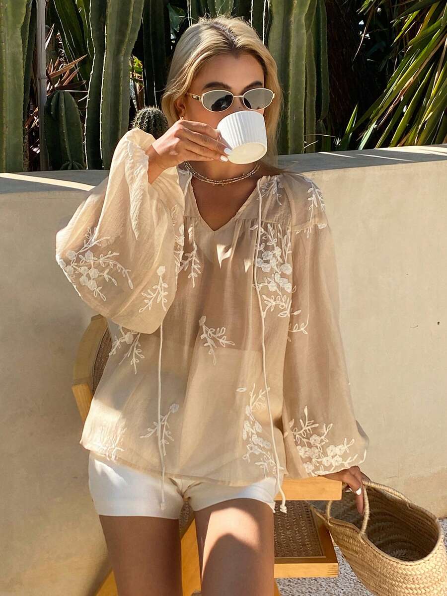 Livesso 春夏花卉刺绣设计系带休闲波西米亚风沙滩度假长袖女式衬衫 - 黃色 - 查看 1