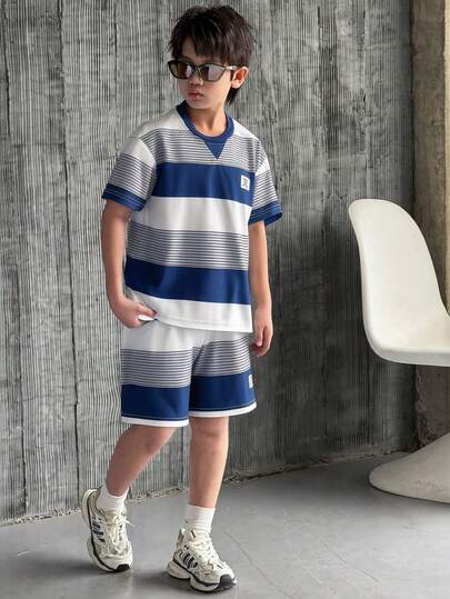 Mirajuku 2pcs Boys Casual Knit Crew Neck T-Shirt And Shorts Set, Suitable For Daily Wear, Vacation, Commuting, Summer