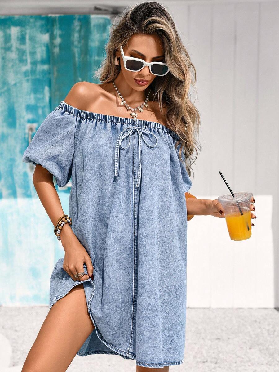 Vivid Eden Đầm denim nữ kiểu dáng thường ngày, có thể mặc hai mặt. - Rửa nhẹ - Xem 1