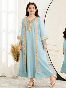 SHEIN 少女金色丝带撞色网纱开衫和V领连衣裙两件套 - 青碧色 - 查看 5