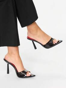 Glitzique Sandalias de tacón alto mujer con puntera puntiaguda y decoración de pirámide transparente negro, tacones glamorosos para fiestas - Negro - Ver 3