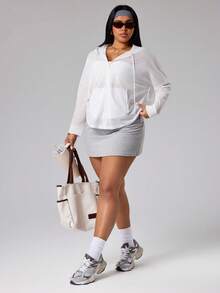 Rhythm Era Plus Size Women's Solid Color Drop Shoulder Long Sleeve Zipper Front Drawstring Hooded Sports Jacket - White - View 5