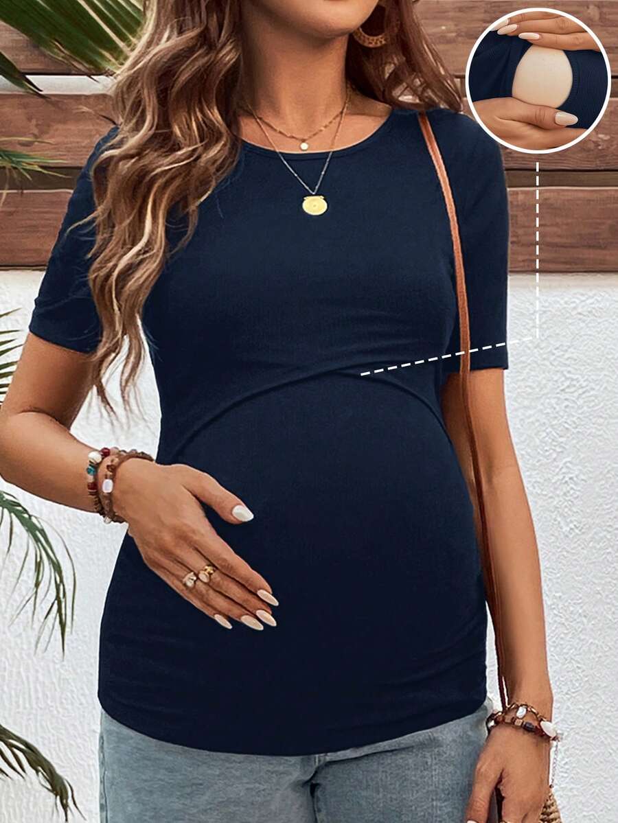 SHEIN 夏季孕妇休闲纯色短袖哺乳T恤 - 藏蓝色 - 查看 1