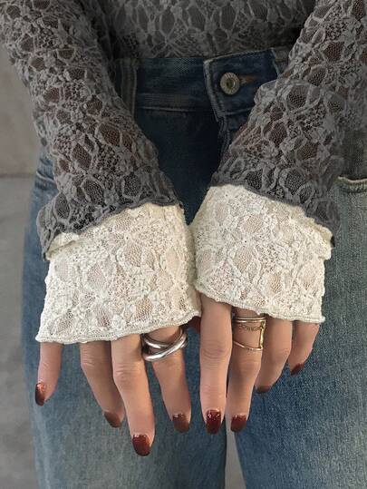 FRIFUL 女士撞色圆领长袖薄纱蕾丝叠层休闲百搭上衣，秋冬款