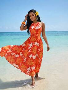 SHEIN Lady 女士碎花腰带露背度假连衣裙 - 白色 - 查看 5