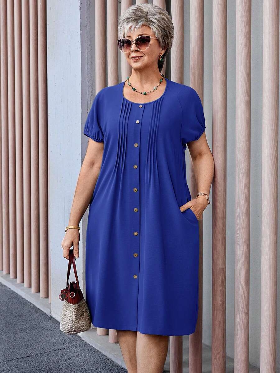Plus Size Casual Solid Color Button Front Dress, Summer - Royal Blue - View 1