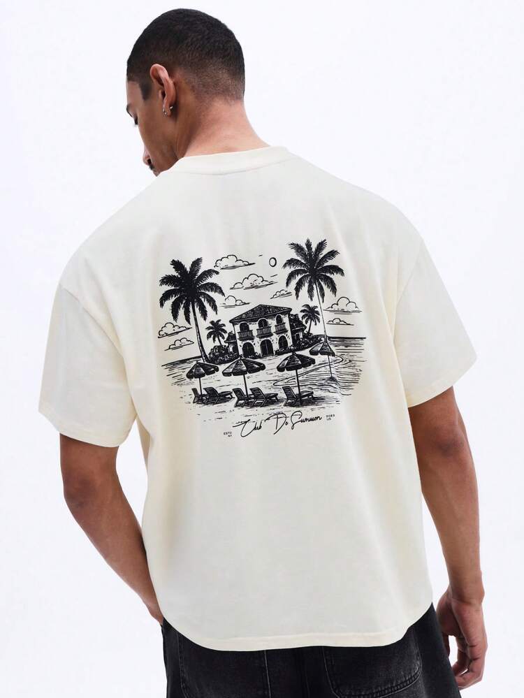 Camiseta Casual de Manga Curta com Gola Careca e Estampa Tropical de Casa de Praia e Palmeiras nas Costas, Corte Quadrado, Férias de Verão