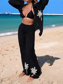 Swim Lushoire Áo khoác kimono dáng rộng màu đen thêu họa tiết, thanh lịch, thích hợp cho kỳ nghỉ xuân/hè 26SS, đi biển. - màu đen - Xem 6