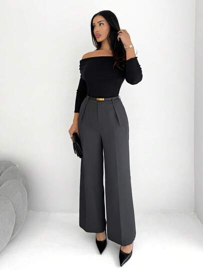 Shopreo 女式高腰直筒褶皱长裤