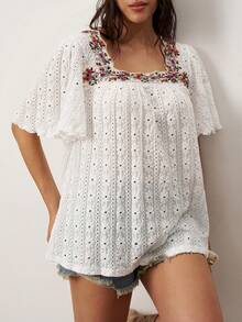 Enliva Áo thun cỡ lớn cổ vuông tối giản và thời trang, phù hợp cho mùa hè đi biển, đồ cần thiết cho kỳ nghỉ biển, lễ tốt nghiệp/tiệc trà mùa hè/kỳ nghỉ ở quê/bãi biển, áo kiểu mùa hè boho trắng, dành cho dáng người quả táo và tròn trịa. - trắng - Xem 4