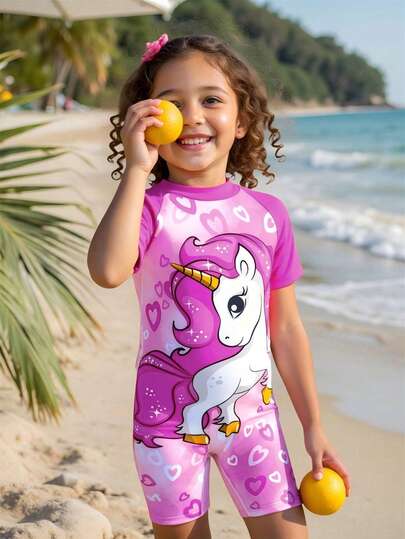 SHEIN Young Girls One-Pieces One-Piece Swimsuit Cartoon Multi-Color Unicorn Print Pattern Knitted Fabric Unicorn Print + Shoulder Snap Short-Sleeved One-Piece Set, One-Piece Swimsuit, Fashionable, Casual, Exquisite, Elegant Lady, Suitable For Swimming, Suitable For Summer Vacation, Summer Beach, Seaside, Swimming Pool, Summer Party, Leisure Vacation Unicorn Swimsuit For Girls Kids Swimsuit Girls Rash Guard Girls Beachwear Unicorn Beachwear Kids Beach Wear Beach Wear For Kids Girls Swimsuit Kids Beachwear Unicorn Girls Swimwear Girls Beach Pajamas Kids Swimwear Girls Unicorn Outfit