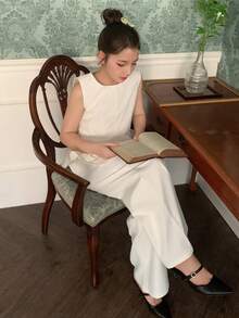 DAZY Tween Girl Solid Color Round Neck Ruffle Hem Sleeveless Shirt And Pants Casual Outfit - White - View 2