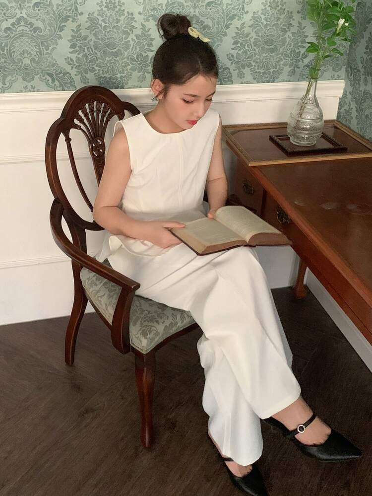 Tween Girl Solid Color Round Neck Ruffle Hem Sleeveless Shirt And Pants Casual Outfit