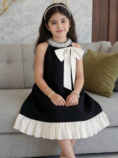 SHEIN Young Girl Bowknot Pearl Decor Cute Neck Tie Dress
