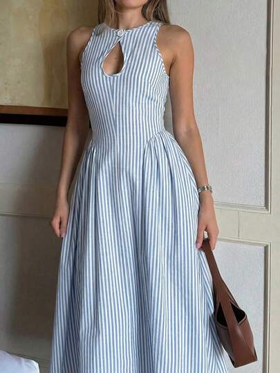 Siren Gaze Women's Striped Round Neck Hollow Out Casual Vacation Date Dress