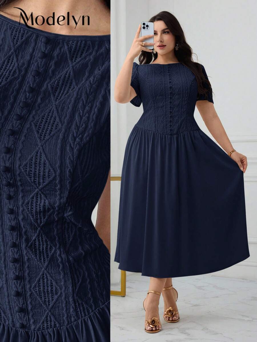 Modelyn Plus Size Women Solid Color Ruched Waist Elegant Date Party Dress - Navy Blue - View 1